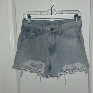 American Eagle Outfitters Light Blue Denim Shorts with White Lace Trim